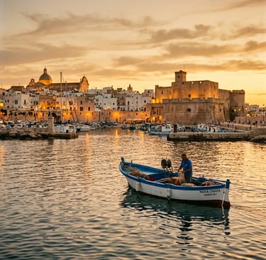 Fisherman on wooden boat in Monopoli harbor at sunset with old town and fortress in Puglia, Italy