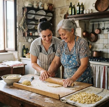 Italian local host teaching traveler to roll fresh pasta dough in rustic Lecce kitchen