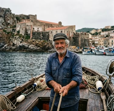 Elderly Sardinian fisherman holding rope on a traditional wooden boat near Carloforte tonnara