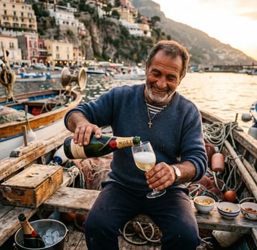 Smiling Italian man pouring Champagne into a glass on a wooden fishing boat at golden hour