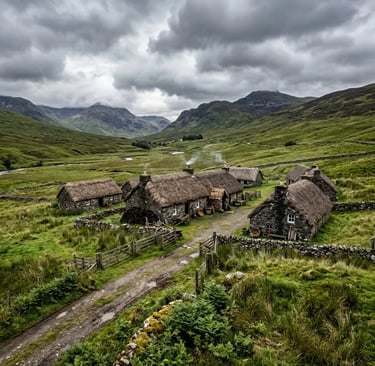 Auchindrain Heritage Village thatched cottages in Scottish Highlands with green pasture.