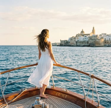 Woman standing on boat bow in white dress with Monopoli skyline behind her