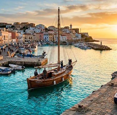 Wooden sailing boat departing Calasetta harbor at golden hour with colorful town in background