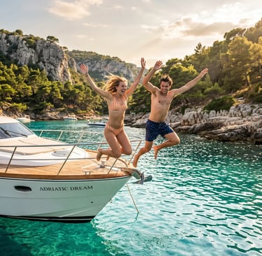 Couple jumping off private boat into turquoise Adriatic cove near Hvar Croatia