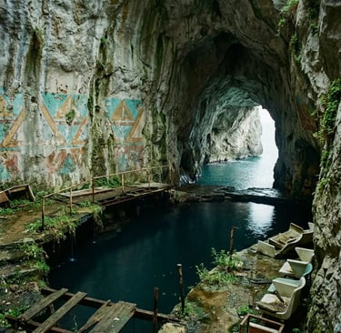 Abandoned Africana Grotto with faded geometric murals and dark water inside sea cave
