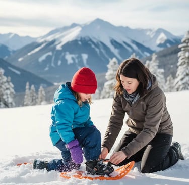 A woman and a young child in winter gear kneeling in the snow to adjust their snowshoes, with majest