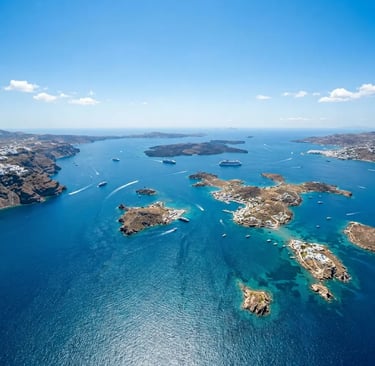 Aerial helicopter view of Santorini volcanic islands and Aegean Sea in summer