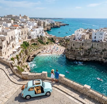 Couple admiring Polignano a Mare cliffs and turquoise sea beside a pale blue Fiat 500 Spiaggina