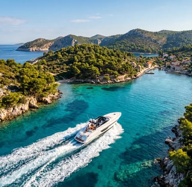 Aerial view of white luxury speedboat cruising turquoise waters between Croatian islands