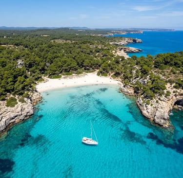 Aerial drone view of Cala Turqueta beach with private sailboat Menorca