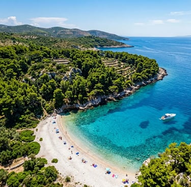 Aerial view of Srebrena Beach on Vis Island, Croatia, a Mamma Mia filming location