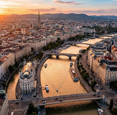 Aerial drone view of Vienna at sunset with Danube River and Habsburg architecture