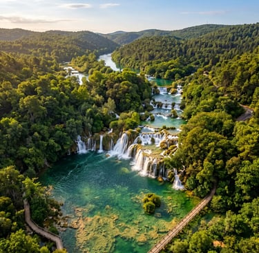 Drone aerial shot of Krka National Park emerald waterfalls and lush forest in golden morning light