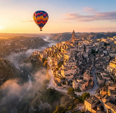 Colorful hot air balloon floating above Matera's ancient sassi cave city at golden sunrise, Italy.