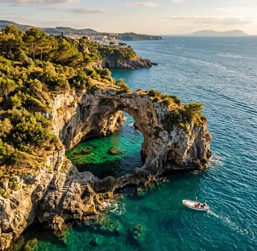 Aerial view of Baths of Queen Giovanna natural rock arch and turquoise pool near Sorrento