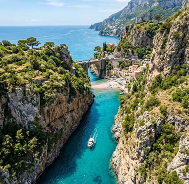 Aerial view of Furore Fjord with tour boat cruising through turquoise water