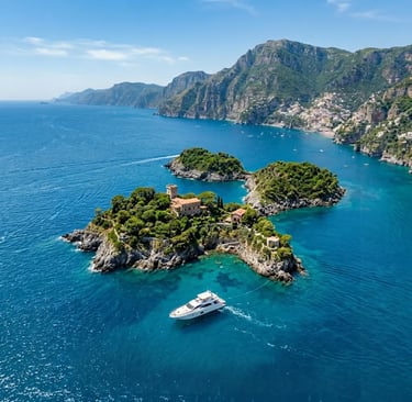 Aerial view of Li Galli archipelago with private yacht and Positano in background