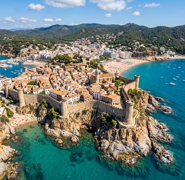 Aerial view of Vila Vella medieval walled old town on the Tossa de Mar headland