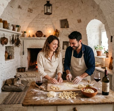 Couple hand-rolling pasta with wine in rustic Alberobello trullo kitchen, dog resting nearby