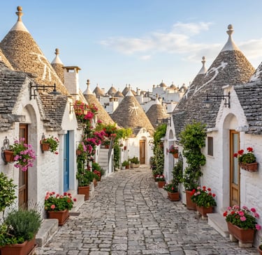 Whitewashed trulli houses with conical stone roofs and flowers along Alberobello cobblestone alley