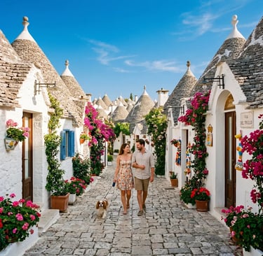 Couple walking small dog past whitewashed trulli houses with bougainvillea in Alberobello.