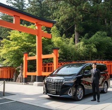 Private driver and luxury vehicle at Fushimi Inari Shrine Kyoto.