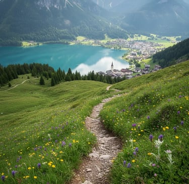 A narrow dirt hiking path winding through green wildflower meadows leading down to a turquoise lake 