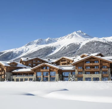 Luxury wooden chalets at the foot of snowy mountains in Avoriaz ski resort, French Alps.
