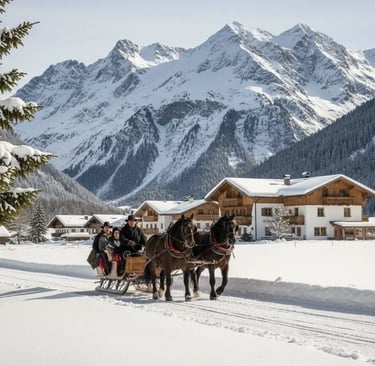 A family enjoying a horse-drawn sleigh ride through a snowy valley with towering, snow-capped mounta