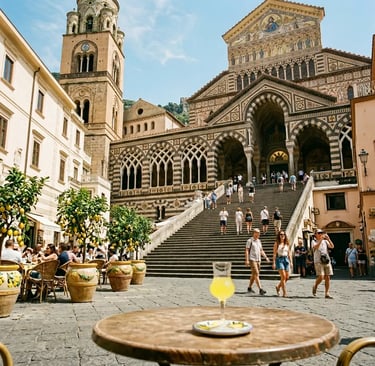 Amalfi Cathedral facade and stairs with limoncello glass on cafe table in foreground