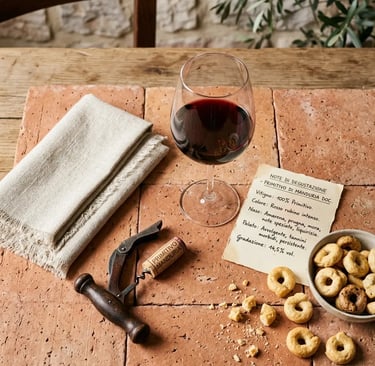 Glass of Primitivo wine with Apulian taralli and tasting notes on a terracotta table