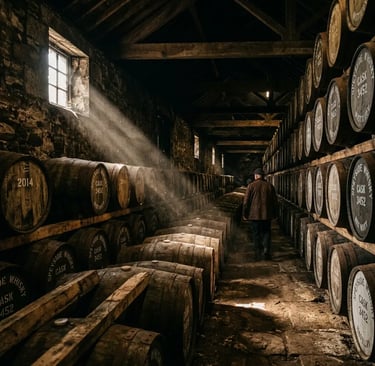 Scottish whisky aging warehouse interior with oak casks and light streaming through window