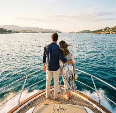 Couple standing on private boat bow, Adriatic Sea, Croatia, golden hour