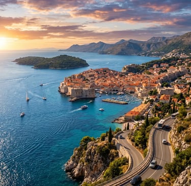 Aerial view of Dubrovnik old town walls, red rooftops and Adriatic Sea at sunset on 3-day Croatia tour