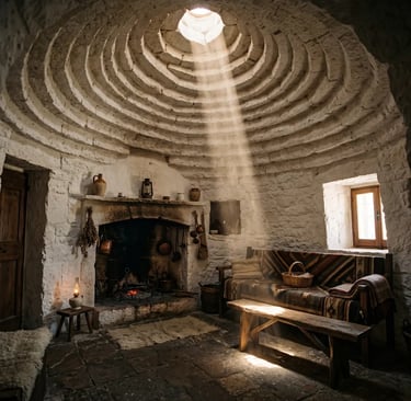 Authentic Trullo interior with stone fireplace and conical ceiling illuminated by natural light ray