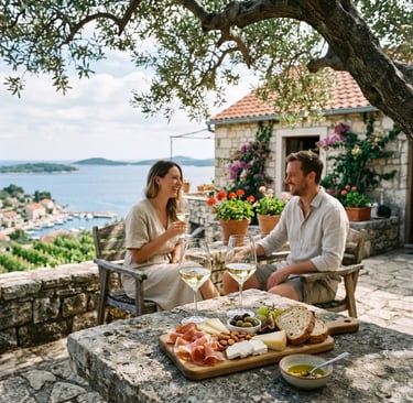 Couple tasting white wine at stone terrace winery, Pakleni Islands, Croatia