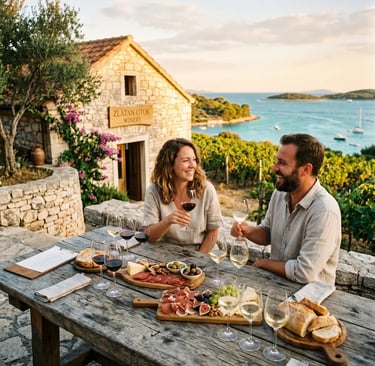 Couple tasting wine at a rustic stone winery with Adriatic sea views and local food