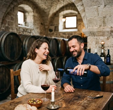 Couple enjoying red wine tasting in rustic Pelješac Peninsula wine cellar, Croatia
