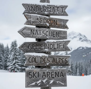 Weathered wooden signpost in the snow, pointing towards various locations in the ski area, including