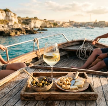 Italian aperitif with white wine olives and taralli served on wooden tour boat deck at golden hour