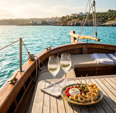 Sparkling wine aperitif with Apulian antipasti on teak deck during Adriatic boat cruise
