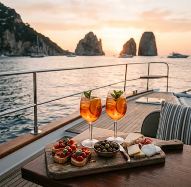 Aperol spritz cocktails and Italian snacks on catamaran deck with Faraglioni rocks at sunset