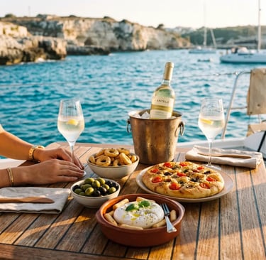 Apulian aperitivo on yacht: prosecco, focaccia barese, burrata, olives and taralli by the sea