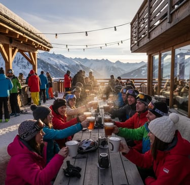 A group of happy friends toasting with drinks on a sunny wooden terrace at a mountain resort with sn