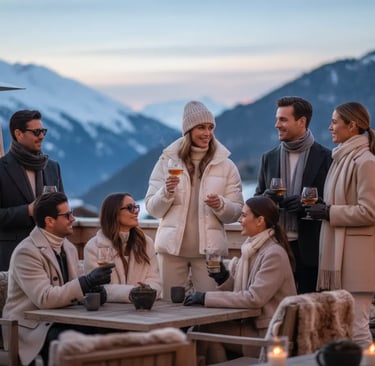 A group of friends enjoying après-ski drinks on a snowy outdoor terrace, with a woman in a white puf