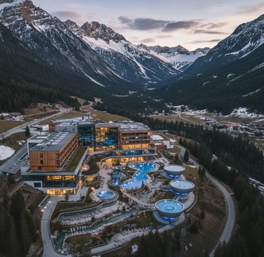 An aerial panoramic view of the entire Aqua Dome thermal resort architecture and outdoor pools nestl