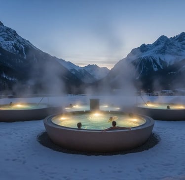 People relaxing in a steaming outdoor thermal pool at the Aqua Dome spa during twilight, with a view