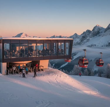 A modern, glass-fronted mountain restaurant/lodge situated on a snowy slope at sunset, with gondola 