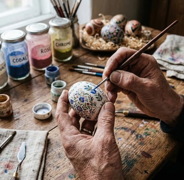 Craftsman painting intricate floral pattern on white Easter egg with fine brush