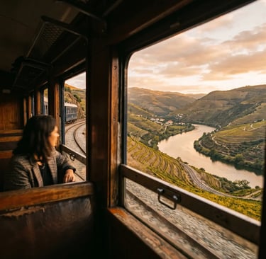 View of Douro River bend and terraced vineyards from vintage train window at golden hour